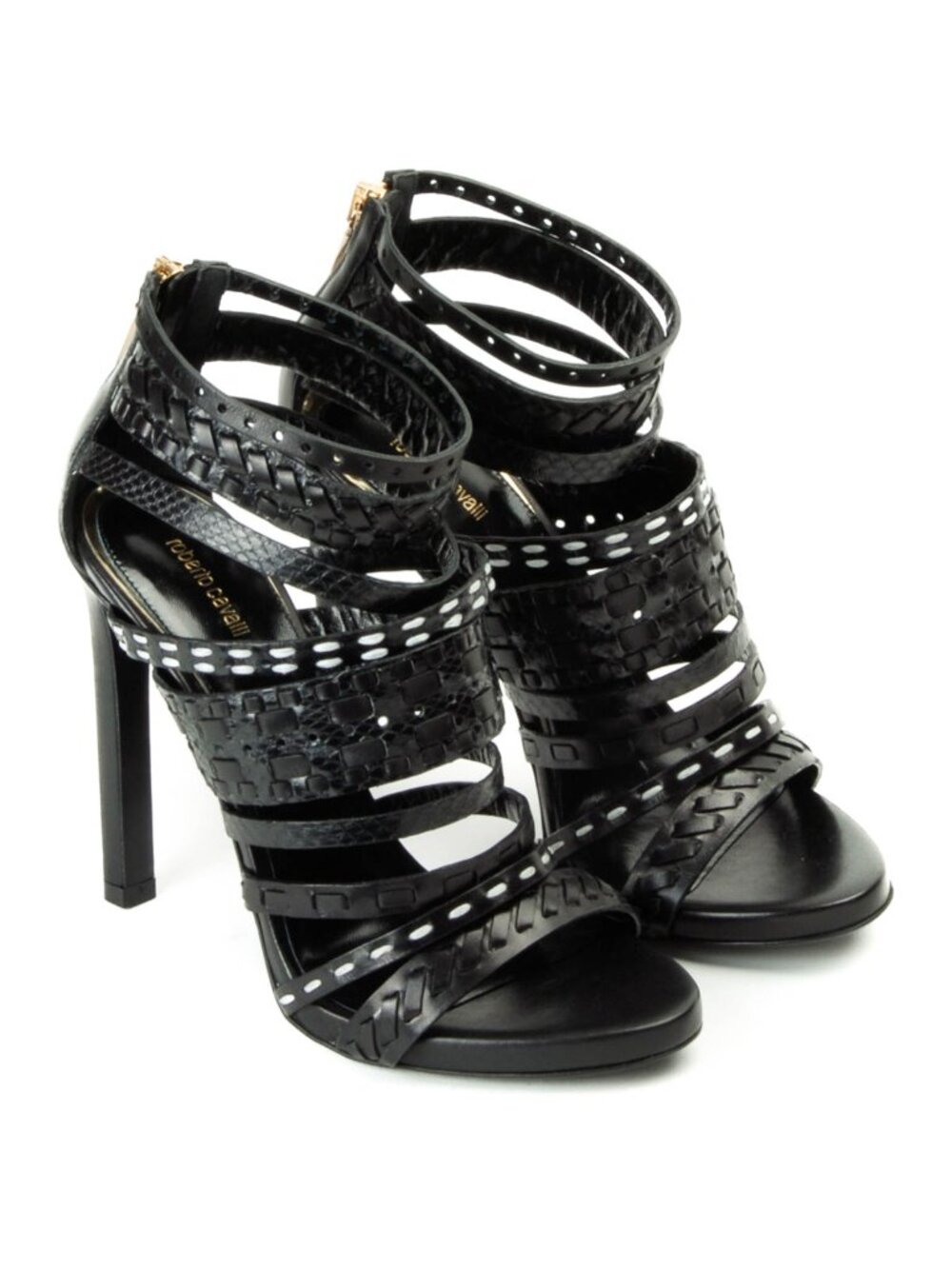 Roberto Cavalli Black Leather Snakeskin‎ Cage Strappy Sandal Heels EU 39.5 NEW